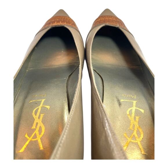 Yves Saint Laurent Vintage Leather Kitten Heel Taupe Snake Inlay Size 6 Heels - Picture 7 of 13